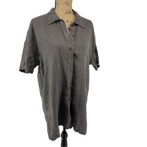 Vintage City Lights Short Sleeve Linen Button Up Oversized Dark Gray Blouse Top‎